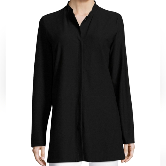 Eileen Fisher Stand Collar Zip Front Long Jacket in Black Size Small - Picture 1 of 11
